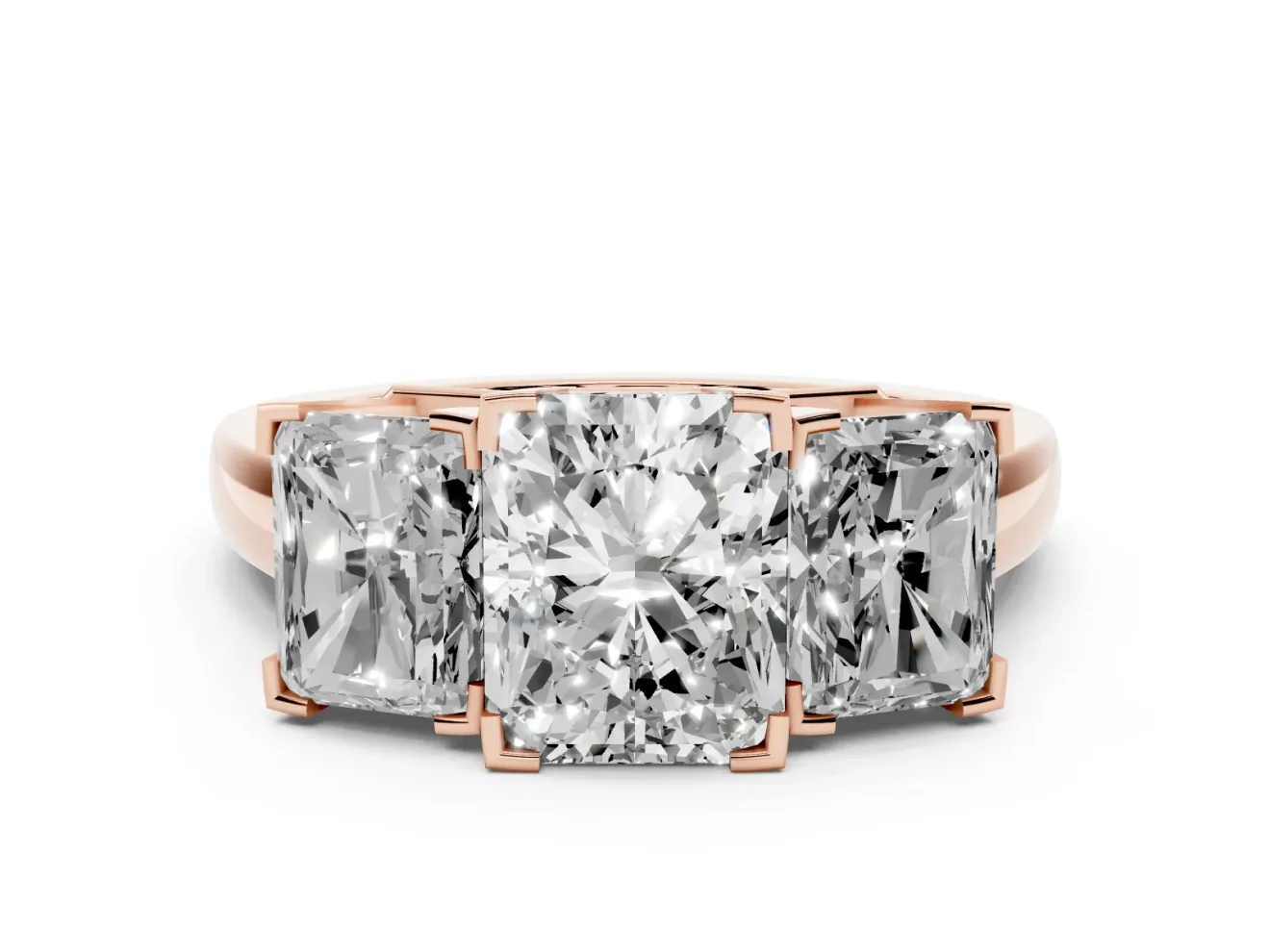 Radiant Cut Three Stone Engagement Ring Setting | Large Side Stones | Rose Gold