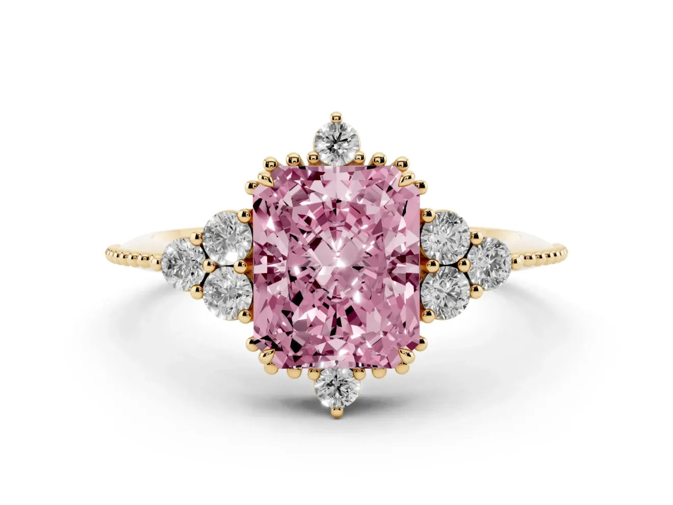 Radiant Cut Cluster Engagement Ring Setting for a Fancy Pink Lab-Grown Diamond | Yellow Gold