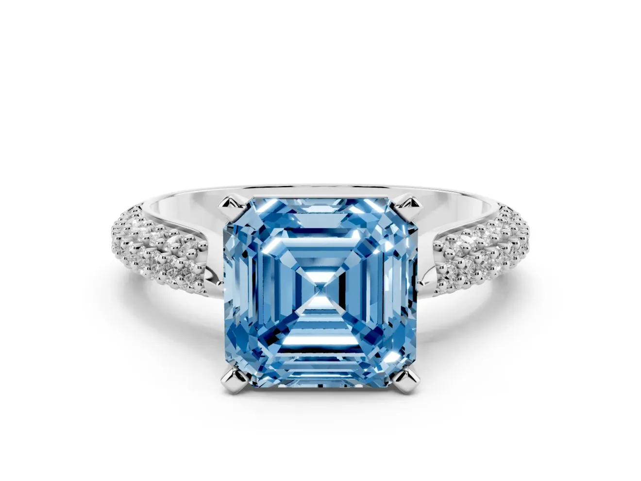 Fancy Blue Asscher Cut Diamond Solitaire Engagement Ring Set in Silver with Multi-Row Round Pavé Band and Prong Setting