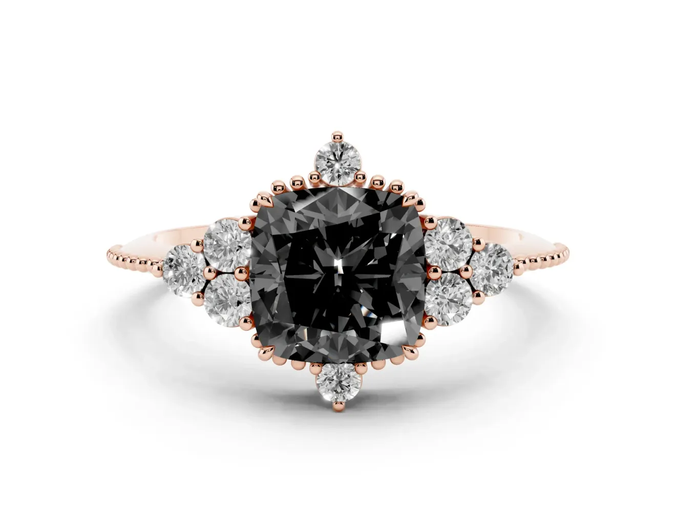 Cushion Cut Vintage Cluster Engagement Ring Setting for a Black Center | Beaded Edges | Rose Gold