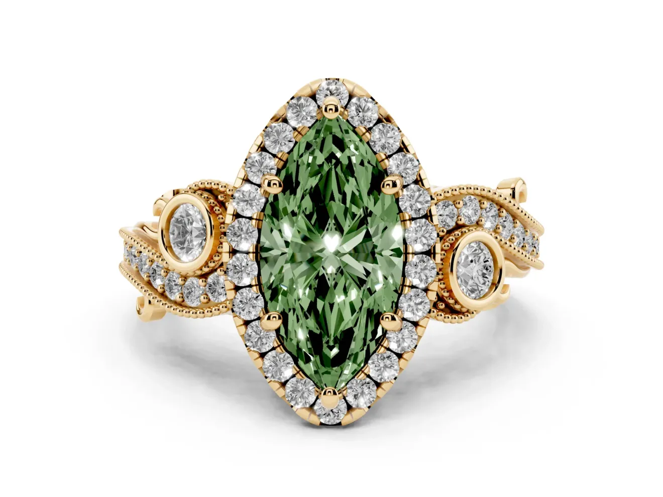Marquise Vintage Halo Engagement Ring Setting for a Fancy Green Lab-Grown Diamond | Bezel Shoulder Accents | Yellow Gold