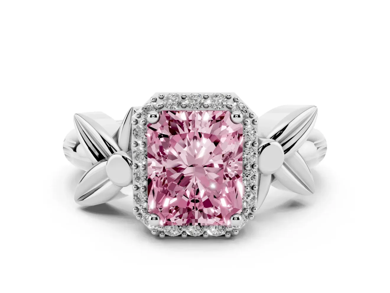 Radiant Cut Floral Halo Engagement Ring Setting for a Fancy Pink Lab-Grown Diamond | Sterling Silver