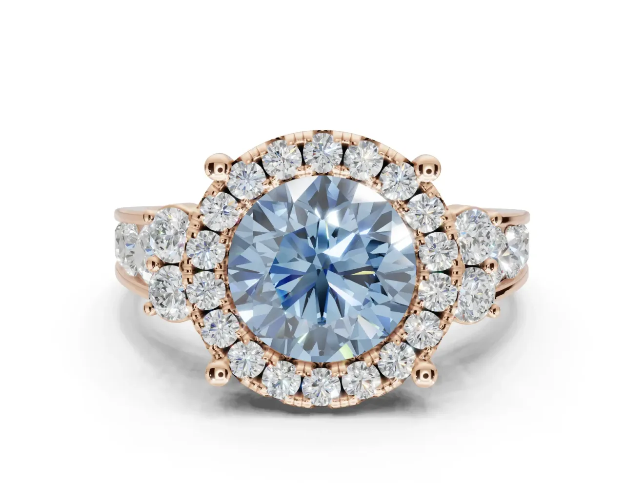 Round Halo Engagement Ring Setting for a Fancy Blue Lab-Grown Diamond | Side Clusters | Rose Gold