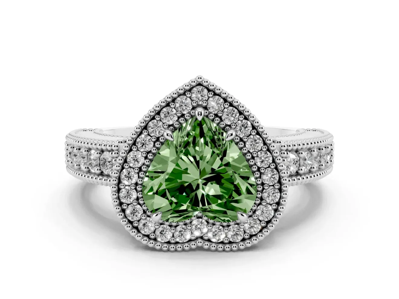 Fancy Green Heart Cut Diamond Halo Ring Set in Platinum with Round Accent Halo, Pavé Band and Prong Setting