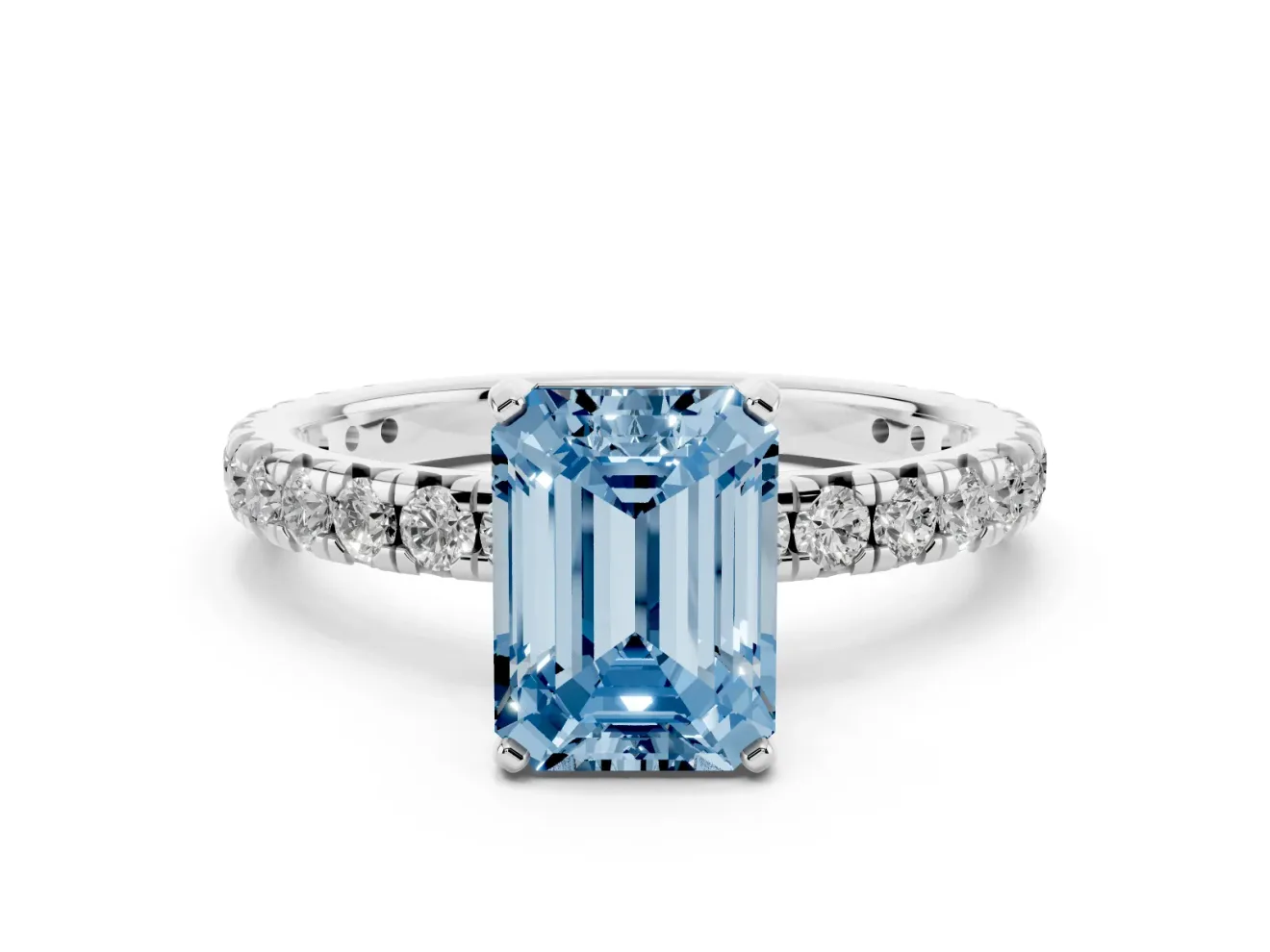 Emerald Cut Pavé Solitaire Engagement Ring Setting for a Fancy Blue Lab-Grown Diamond | Sterling Silver