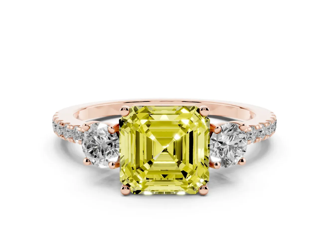 Asscher Cut Three Stone Engagement Ring Setting for a Fancy Yellow Lab-Grown Diamond | Pave Shoulders | Rose Gold