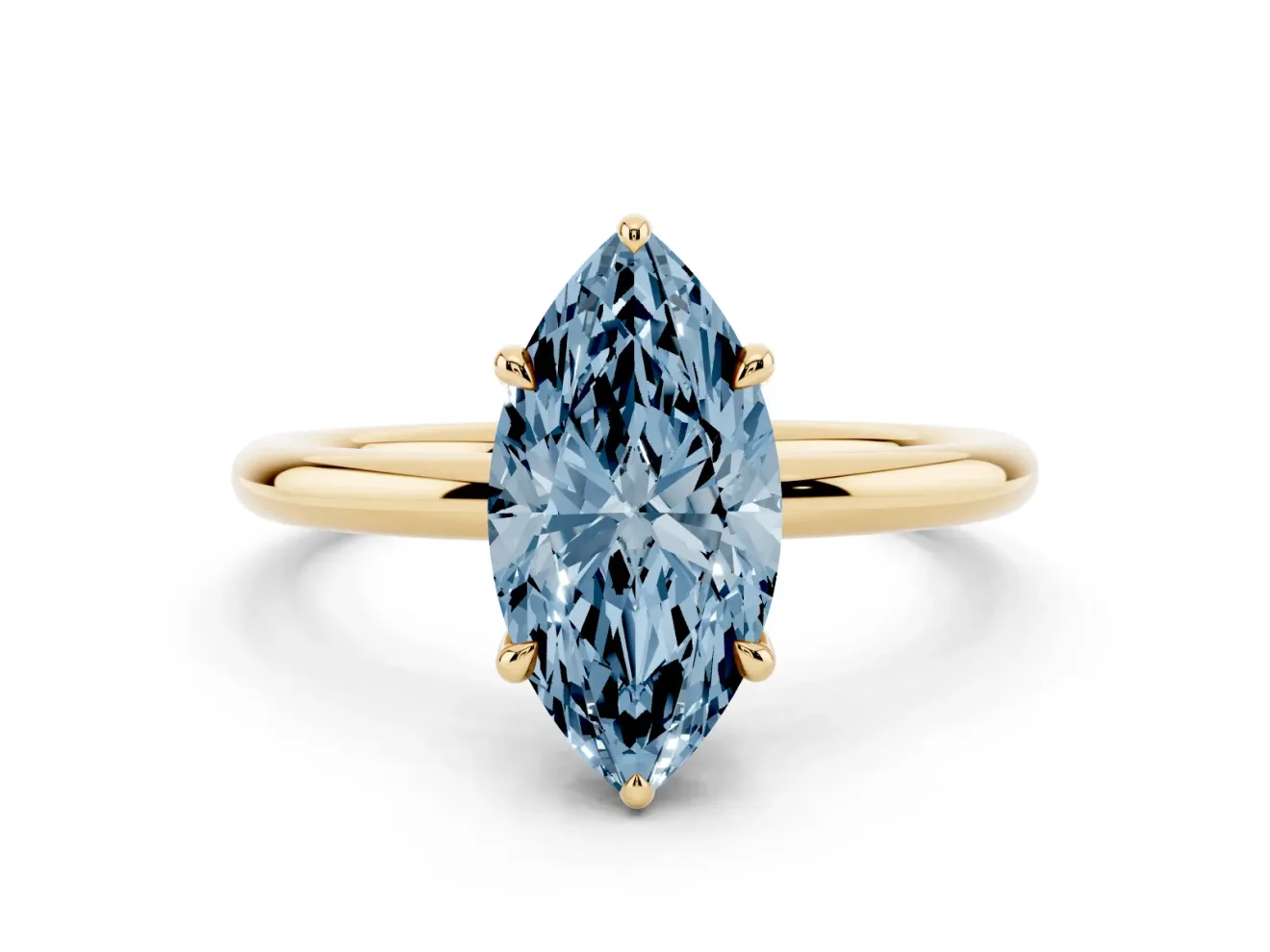 Fancy Blue Marquise Cut Diamond Solitaire Ring Set in Yellow gold with Thin Band and Prong Setting