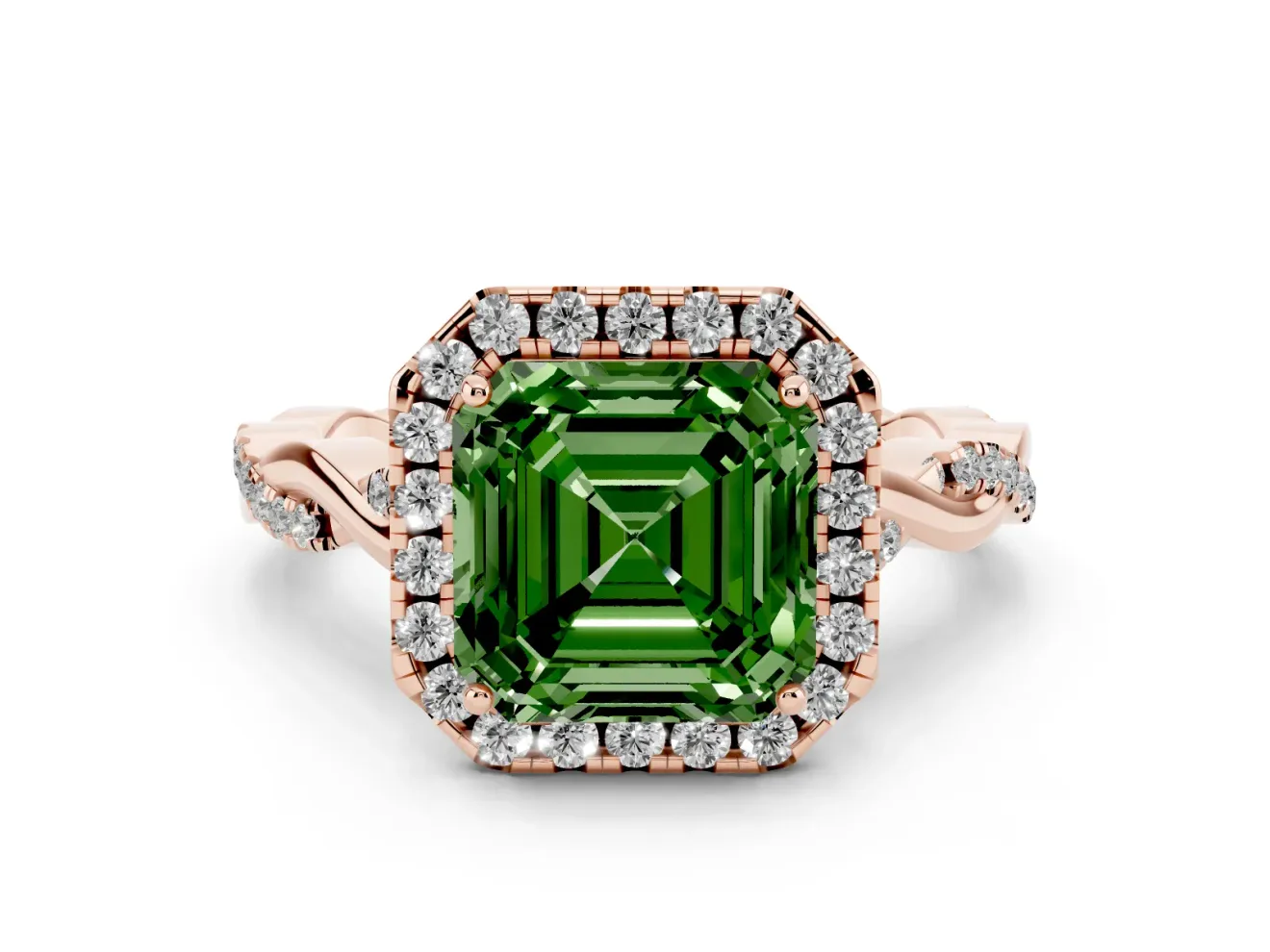 Asscher Cut Twist Halo Engagement Ring Setting for a Fancy Green Lab-Grown Diamond | Rose Gold
