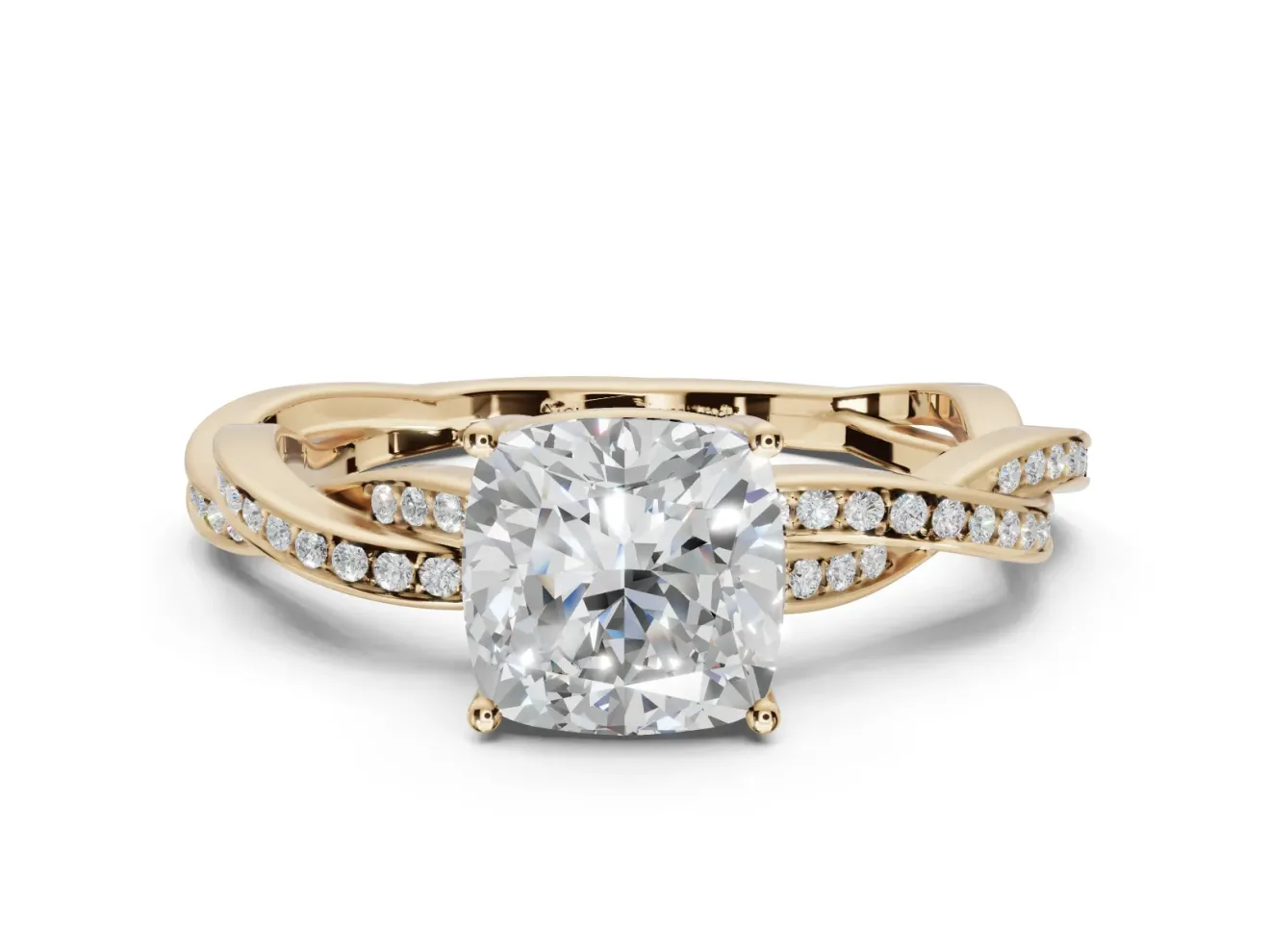 Cushion Cut Twisted Pavé Solitaire Engagement Ring Setting | Open Basket | Yellow Gold