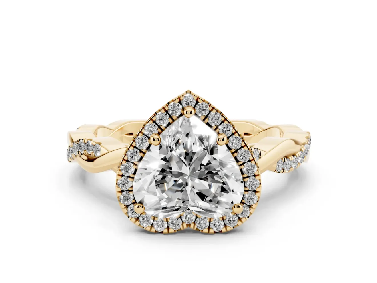 Heart Cut Diamond Halo Twisted Band Ring Set in Yellow gold with Prong Setting