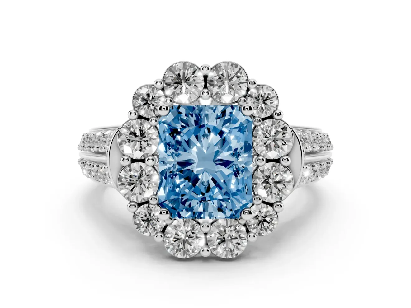 Fancy Blue Radiant Cut Diamond Halo Engagement Ring Set in Silver with Split Shank and Prong Setting