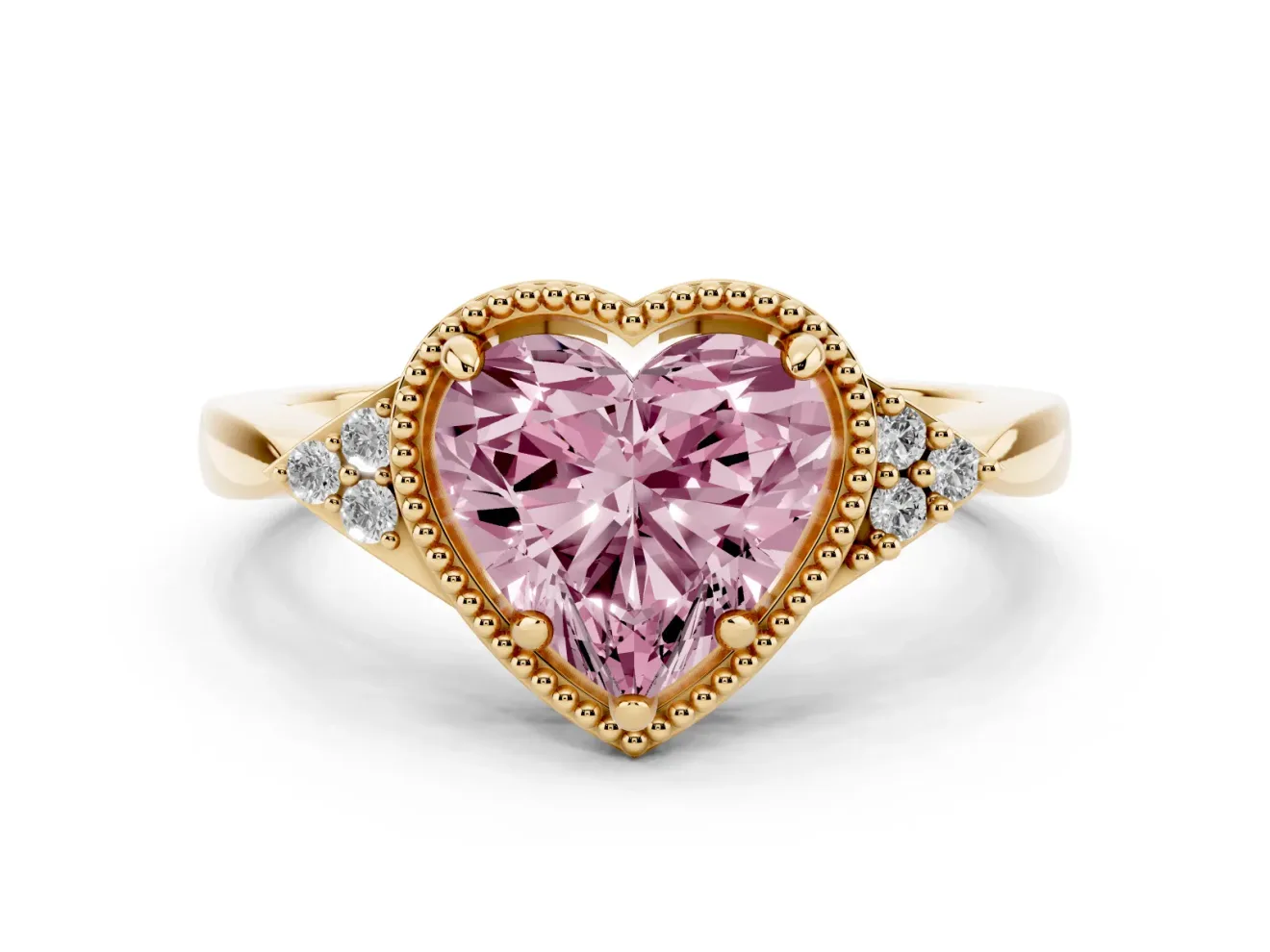 Fancy Pink Heart Cut Diamond Milgrain Solitaire Ring Set in Yellow gold with Tapered Pavé Band and Prong Setting