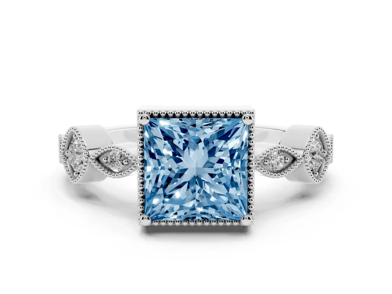 Princess Cut Vintage Milgrain Engagement Ring Setting for a Fancy Blue Lab-Grown Diamond | White Gold