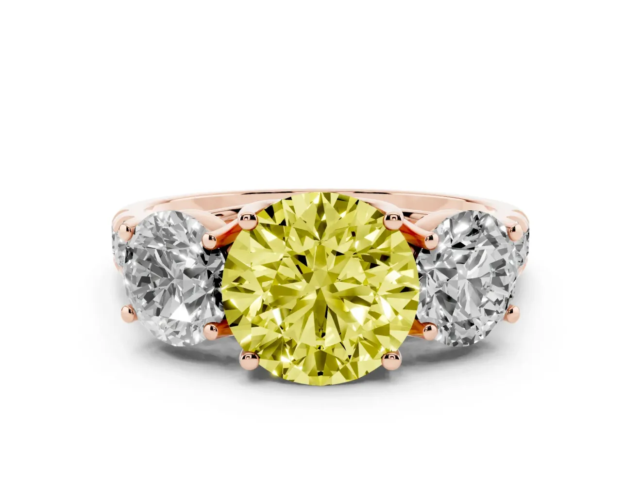 Round Three Stone Engagement Ring Setting for a Fancy Yellow Lab-Grown Diamond | Accented Shoulders | Rose Gold