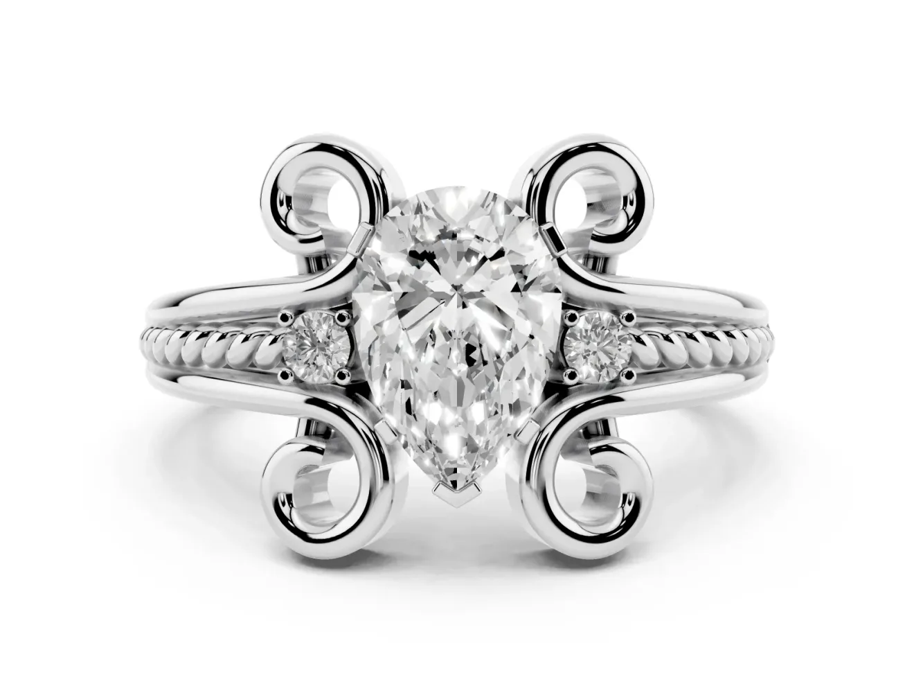 Pear Cut Diamond Twisted Band Solitaire Ring Set in White gold with Scroll Prongs