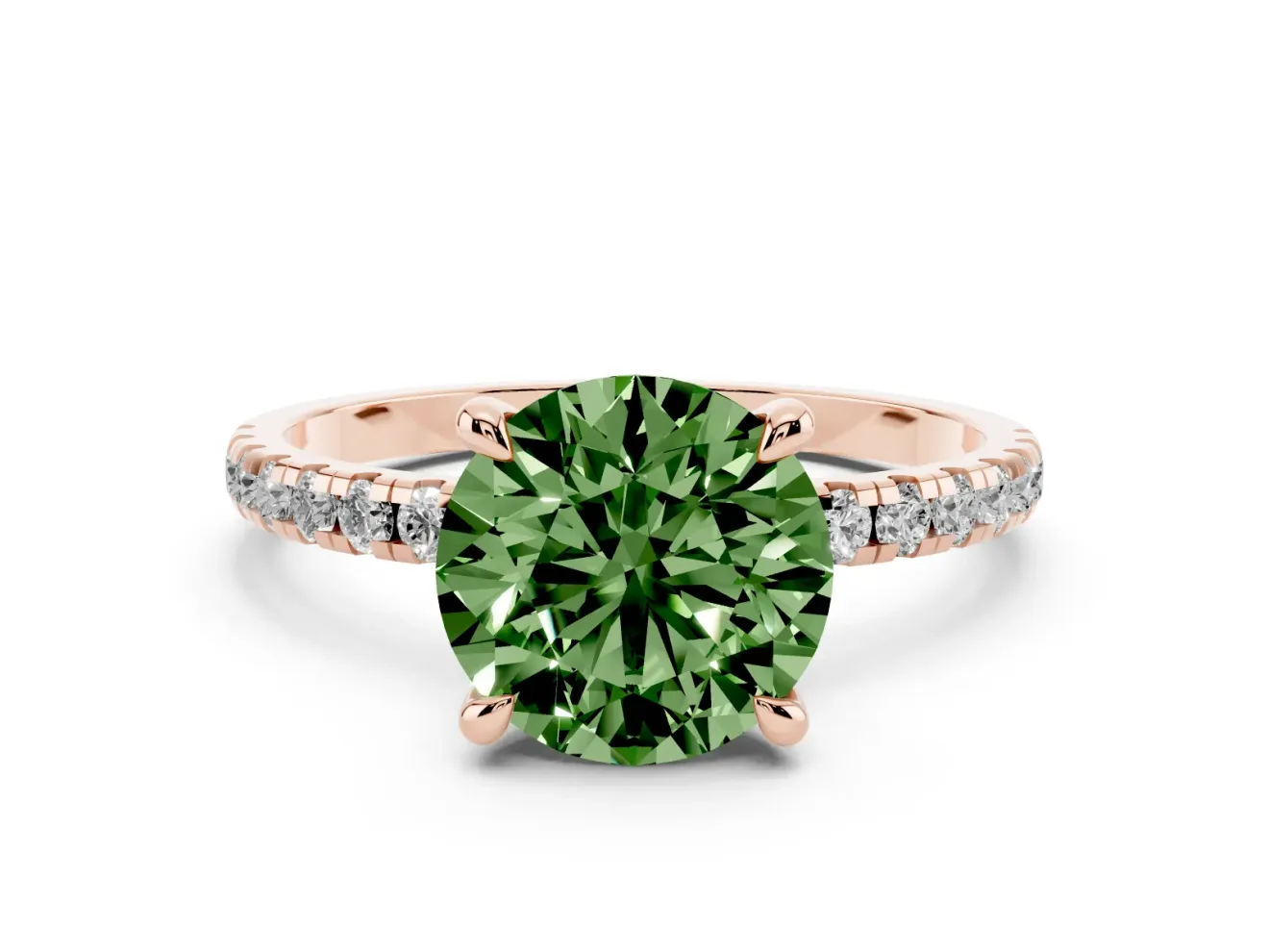 Fancy Green Round Cut Diamond Brilliant Solitaire Ring Set in Rose gold with Pavé Band and Prong Setting