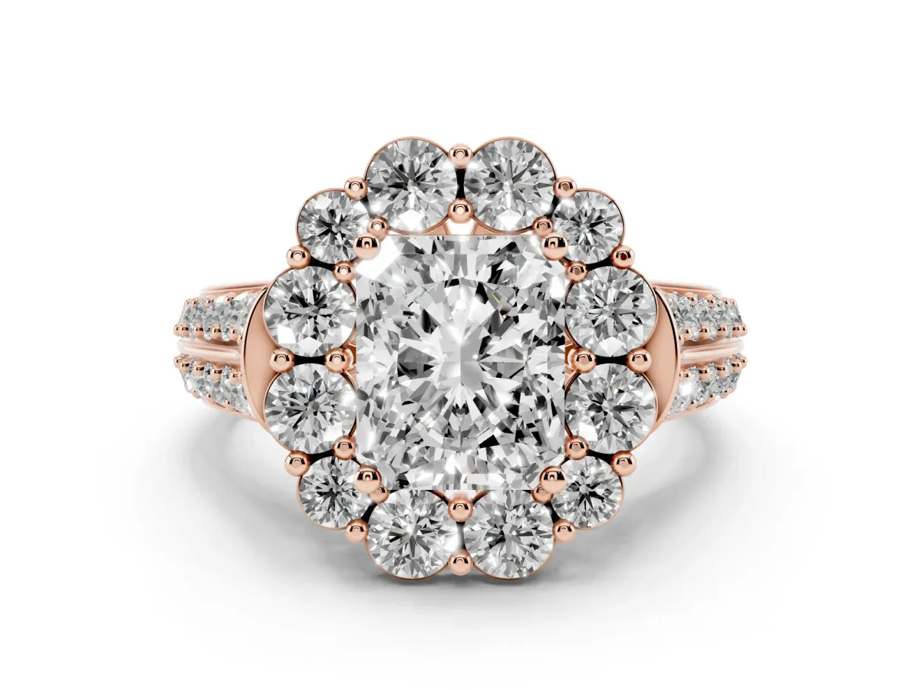 Radiant Cut Diamond Halo Engagement Ring Set in Rose gold with Split Shank and Prong Setting