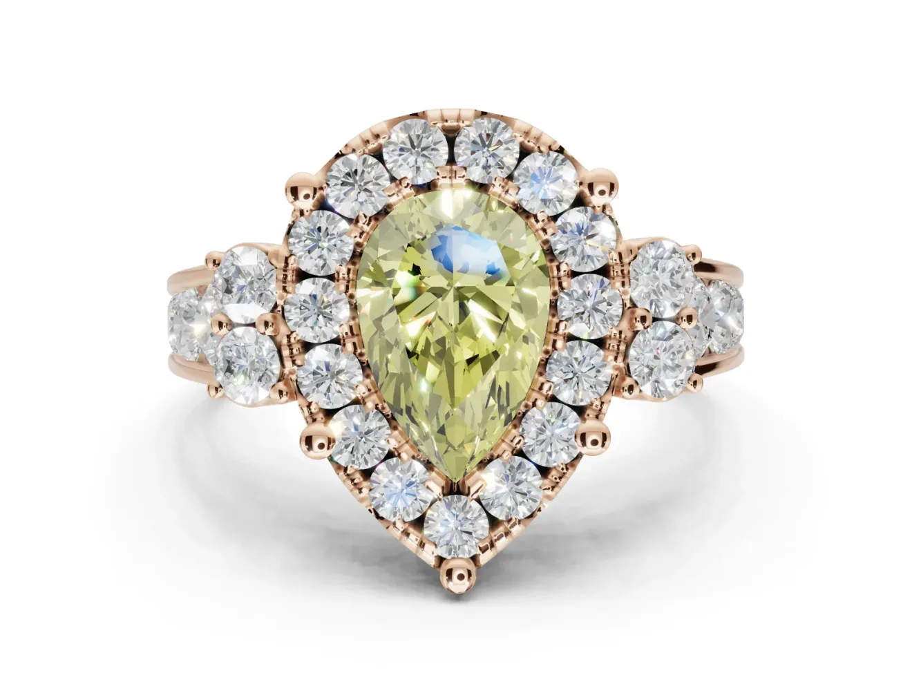 Pear-Shaped Halo Engagement Ring Setting for a Fancy Yellow Lab-Grown Diamond | Graduated Channel Band | Rose Gold