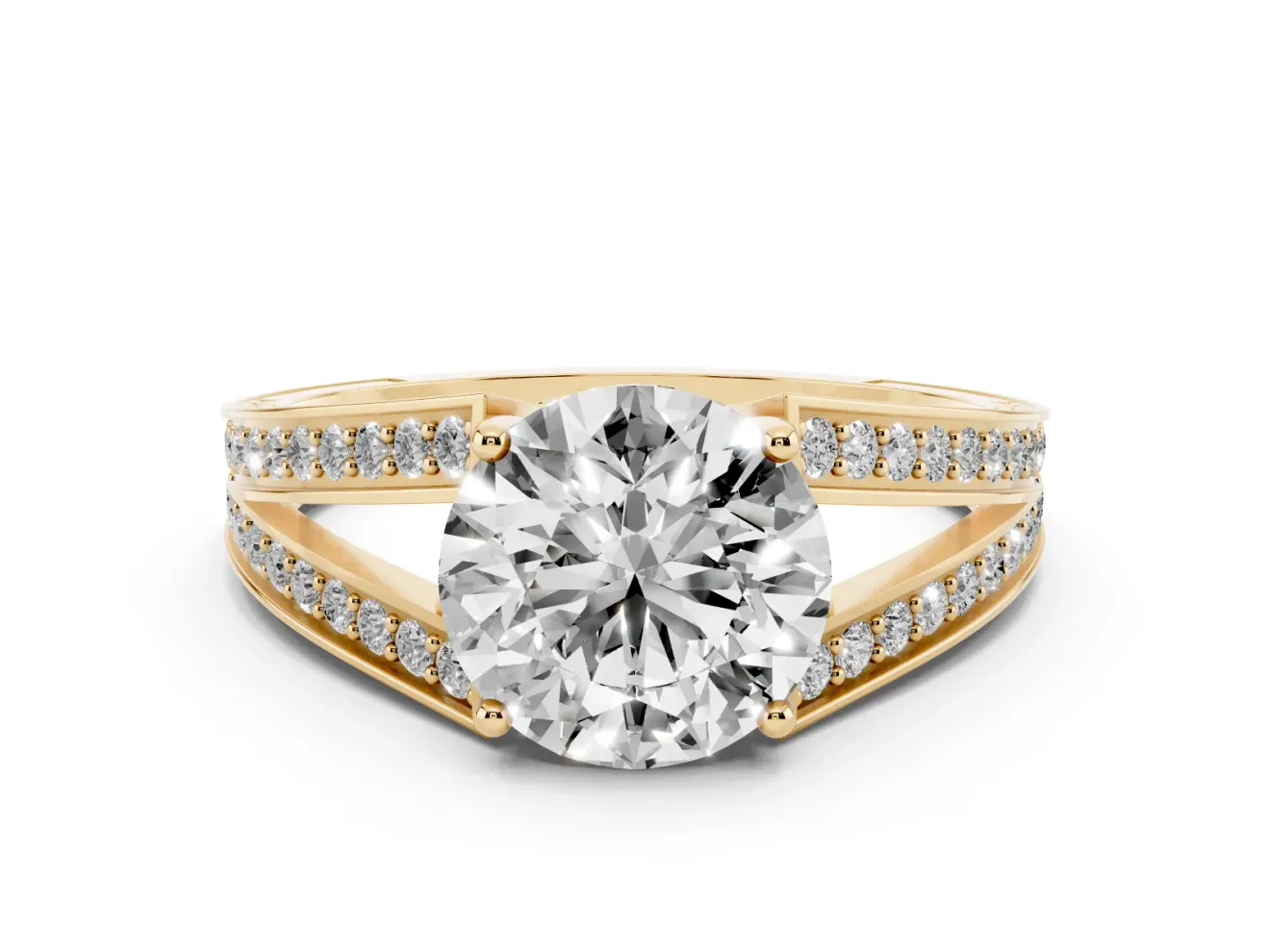 Round Split Shank Pavé Engagement Ring Setting | Engraved Leaf Sides | Yellow Gold