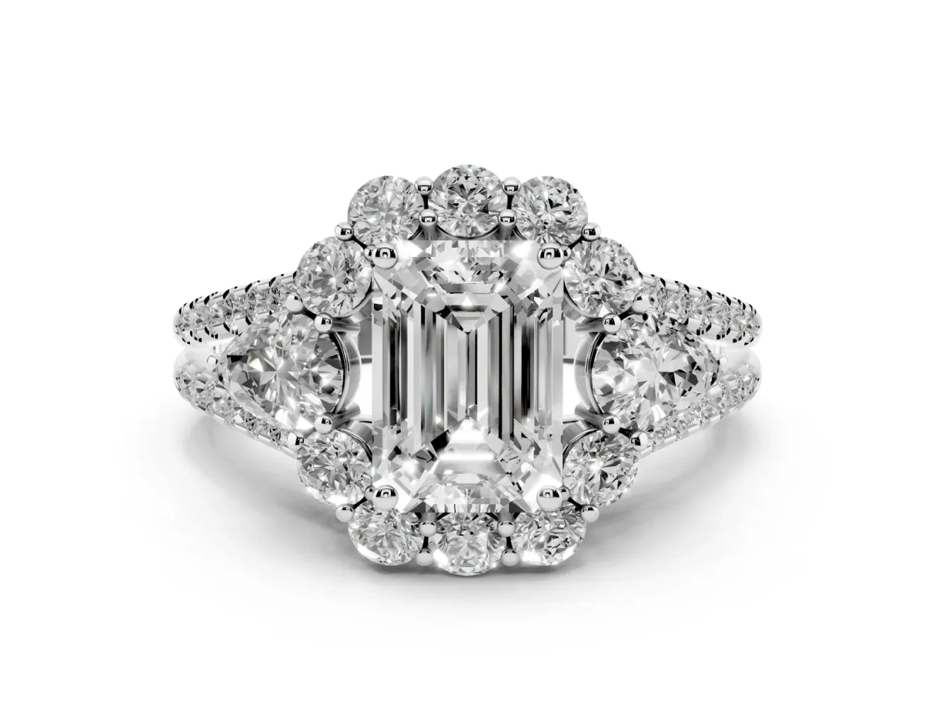 Emerald Cut Diamond Halo Split Shank Engagement Ring Set in Silver with Prong-Held Center Stone