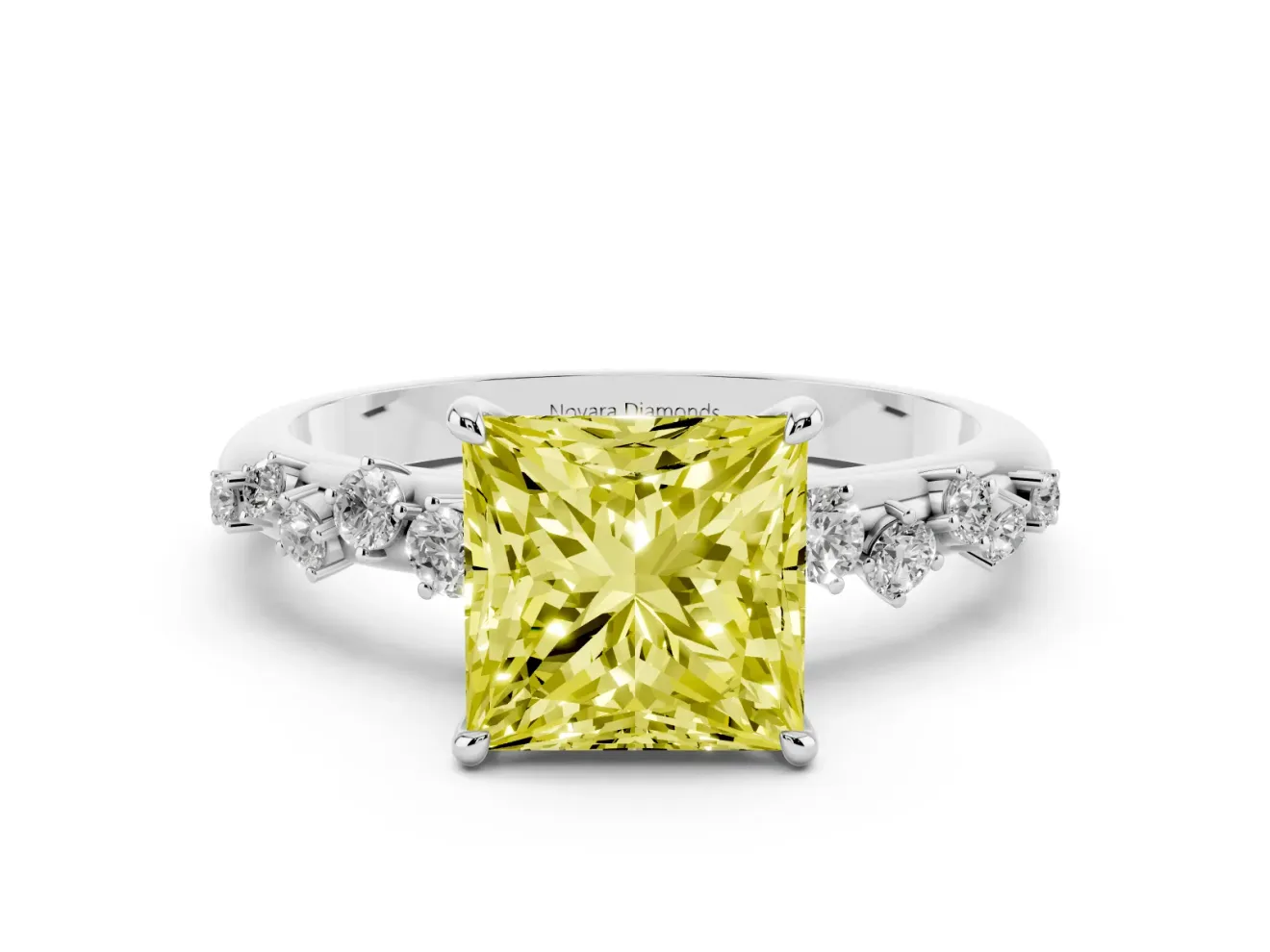 Fancy Yellow Princess Cut Diamond Cluster Solitaire Ring Set in White gold with Prong Setting