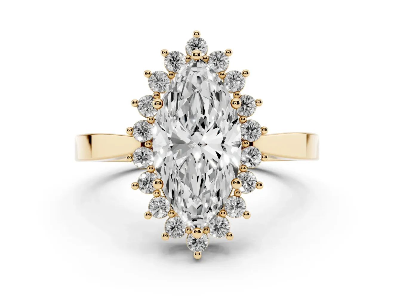 Marquise Cut Diamond Halo Ring Set in Yellow gold with Round Halo and Smooth Solitaire Band