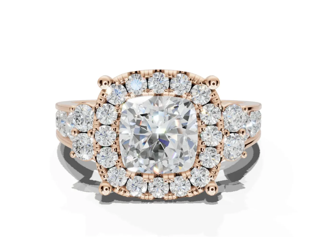 Cushion Cut Halo Side Cluster Engagement Ring Setting | Graduated Channel Band | Rose Gold