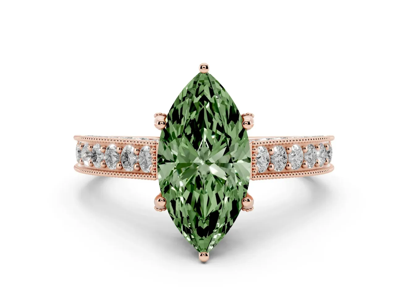 Marquise Hidden Halo Engagement Ring Setting for a Fancy Green Lab-Grown Diamond | Milgrain Pave | Rose Gold