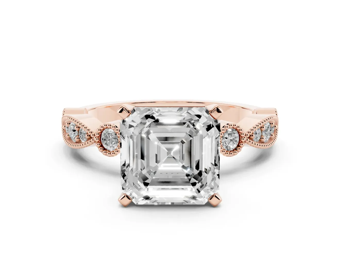 Asscher Cut Diamond Solitaire Engagement Ring Set in Rose gold with Milgrain Bezel Accent Band