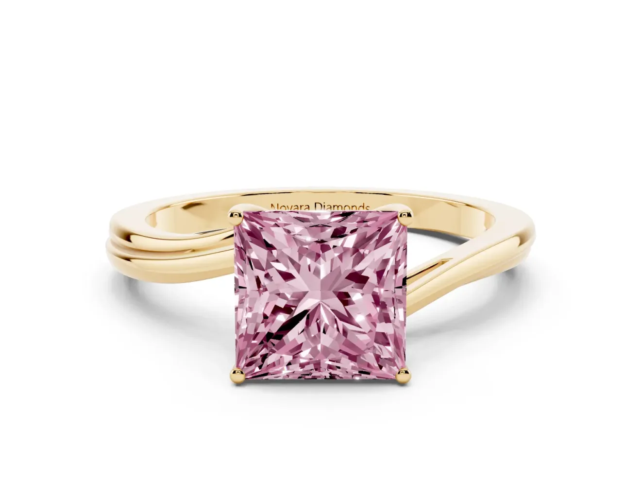 Fancy Pink Princess Cut Diamond Solitaire Twist Band Ring Set in Yellow gold with Prong Setting
