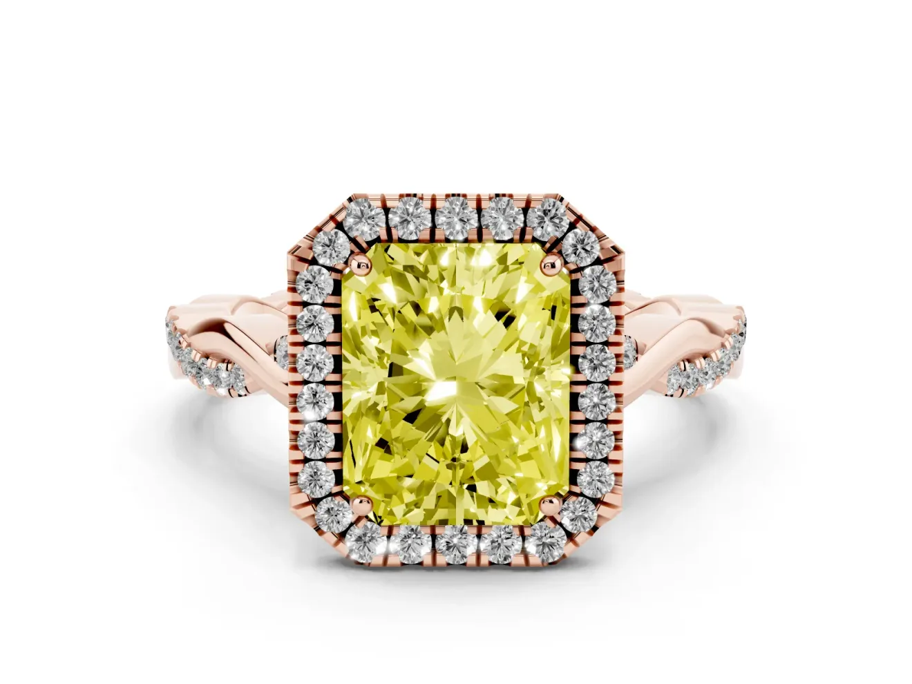 Radiant Cut Twist Halo Engagement Ring Setting for a Fancy Yellow Lab-Grown Diamond | Rose Gold