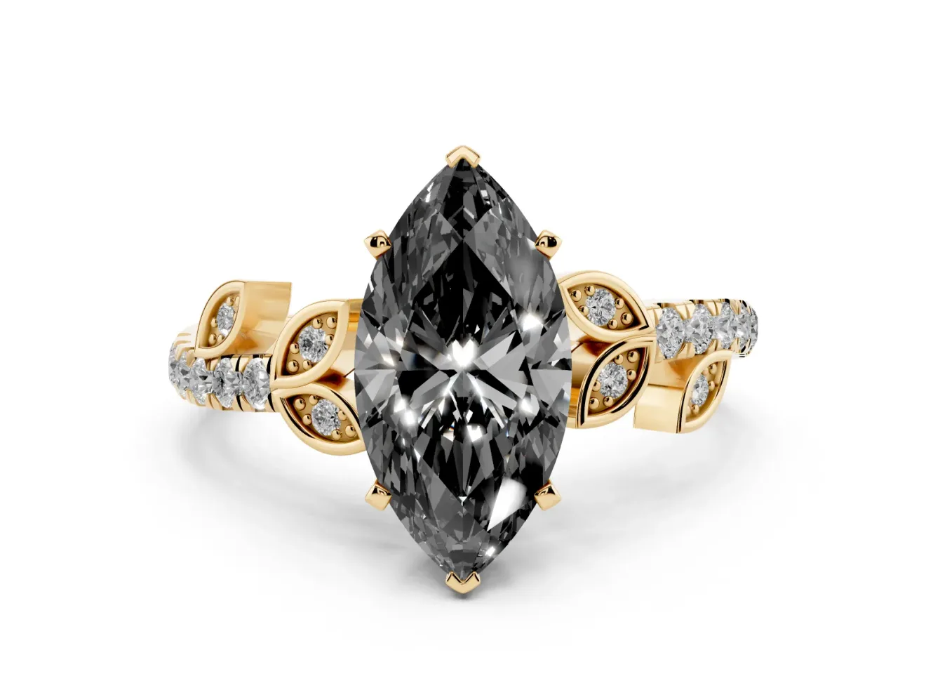 Fancy Black Marquise Cut Diamond Solitaire Leaf-Inspired Ring Set in Yellow gold with Pavé Band and Prong Setting