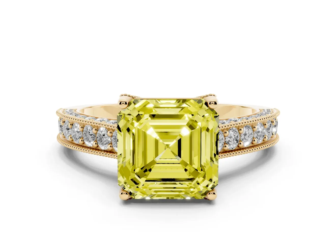 Asscher Cut Hidden Halo Engagement Ring Setting for a Fancy Yellow Lab-Grown Diamond | Milgrain Pave | Yellow Gold