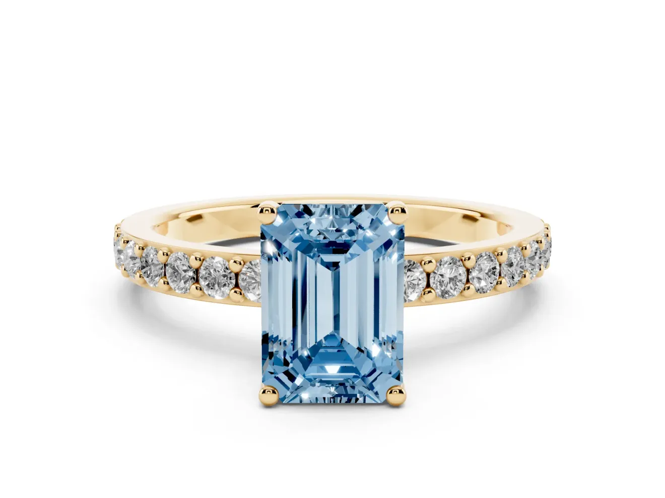 Fancy Blue Emerald Cut Diamond Solitaire Set in Yellow gold with Round Pavé Band and Prong Setting