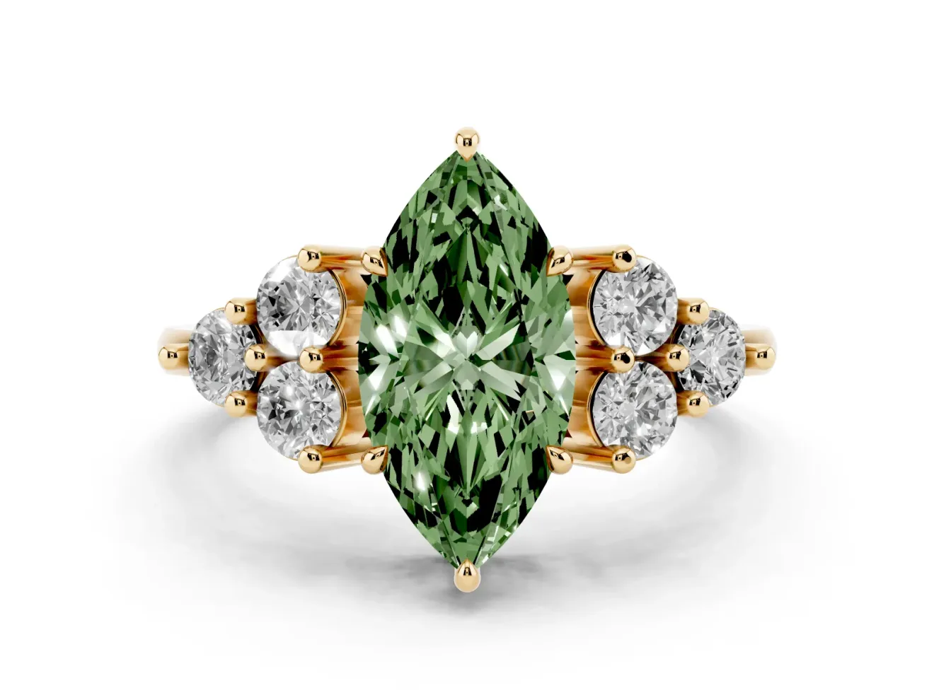 Marquise Cluster Side Stone Engagement Ring Setting for a Fancy Green Lab-Grown Diamond | Plain Band | Yellow Gold