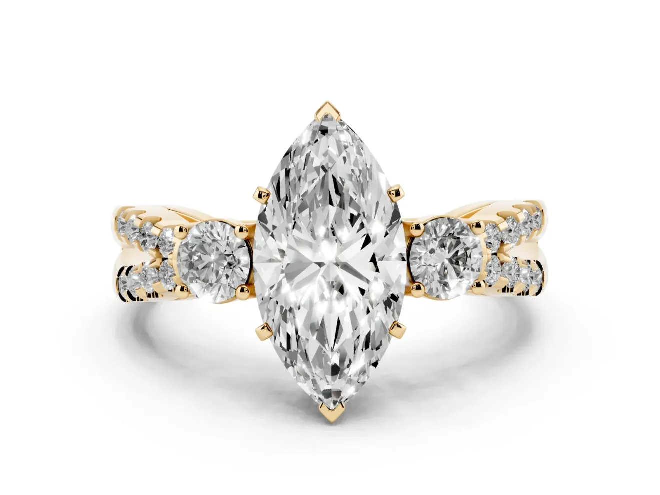 Marquise Cut Diamond Three-Stone Ring Set in Yellow gold with Pavé Split Shank and Prong Setting