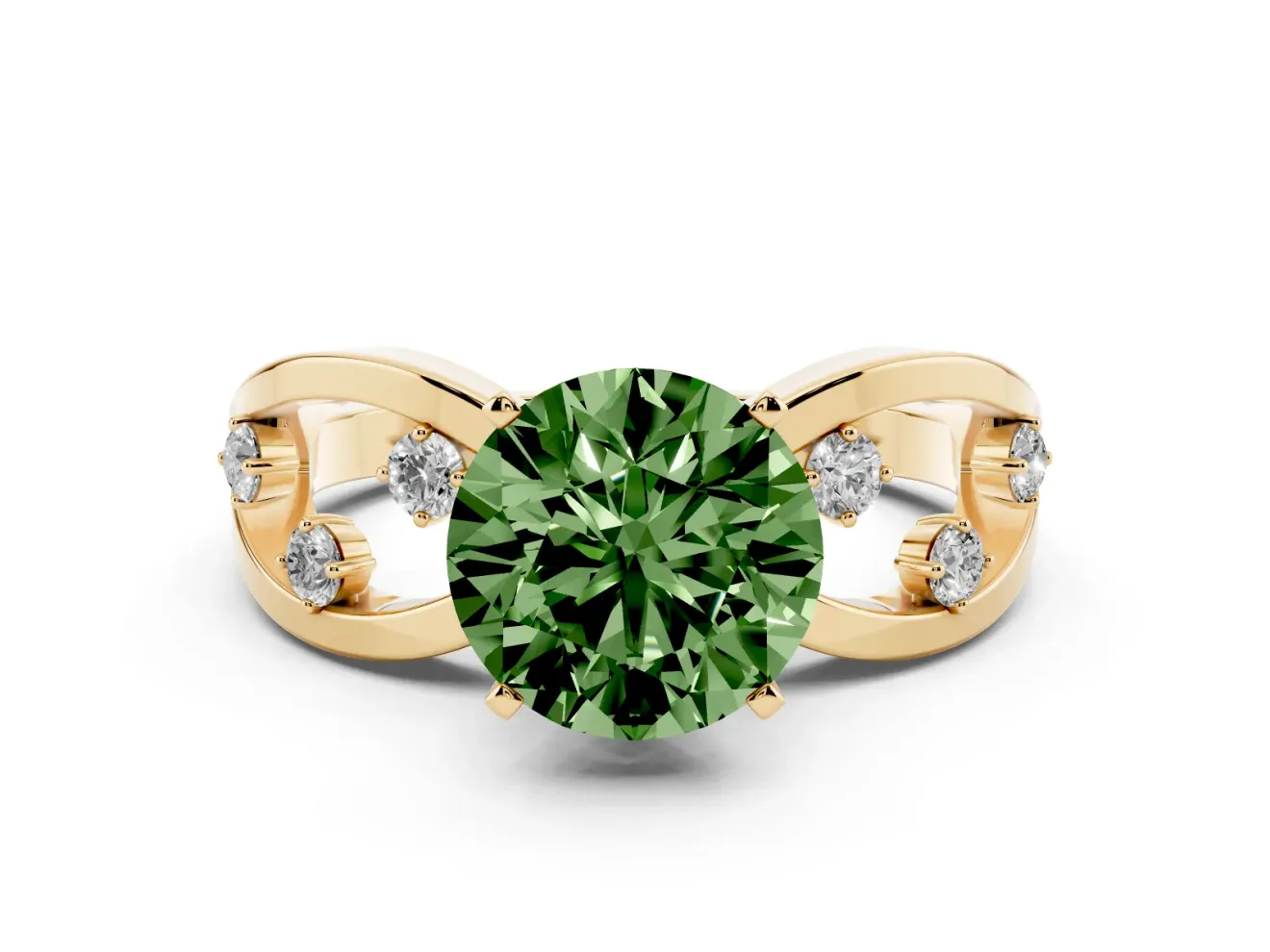 Fancy Green Round Cut Diamond Solitaire Ring Set in Yellow gold with Side Stones on Criss-Cross Band and Prong Setting