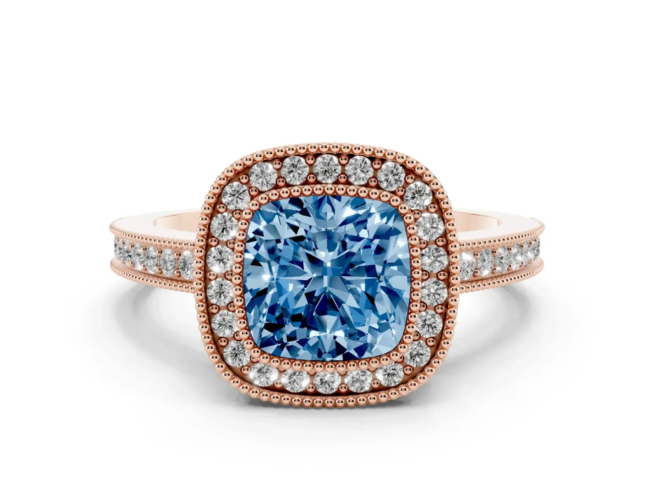 Fancy Blue Cushion Cut Diamond Halo Ring Set in Rose gold with Pavé Band and Milgrain-Edged Prongs