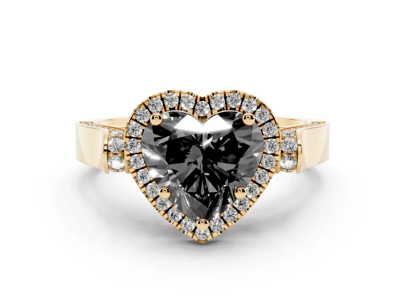 Heart-Shaped Halo Engagement Ring Setting for a Black Center | Pointed Pavé Shoulders | Yellow Gold