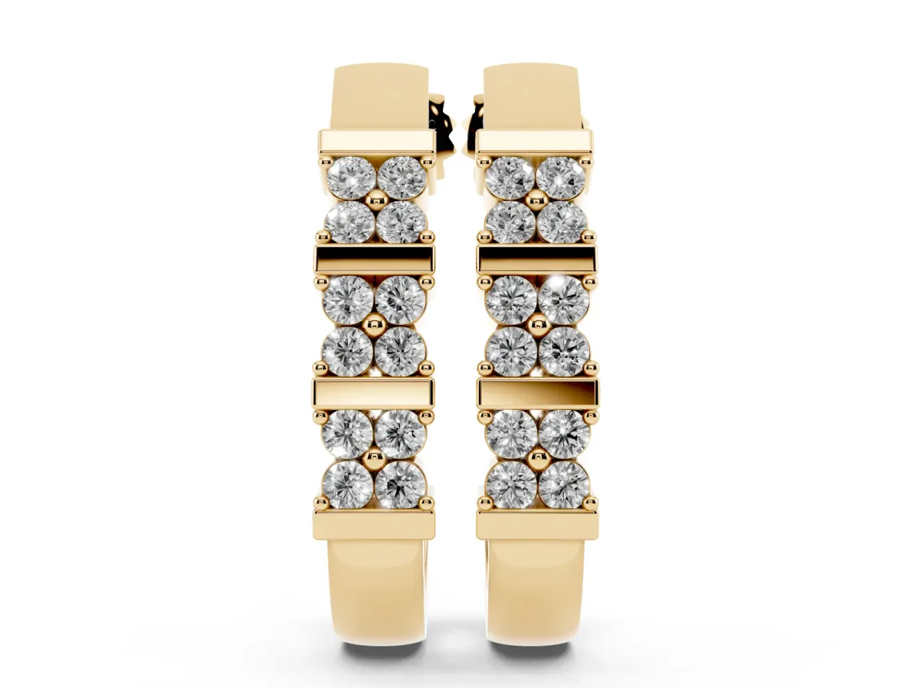 Round Lab-Grown Diamond Double Row Hoop Earrings | Grouped Stones | Yellow Gold