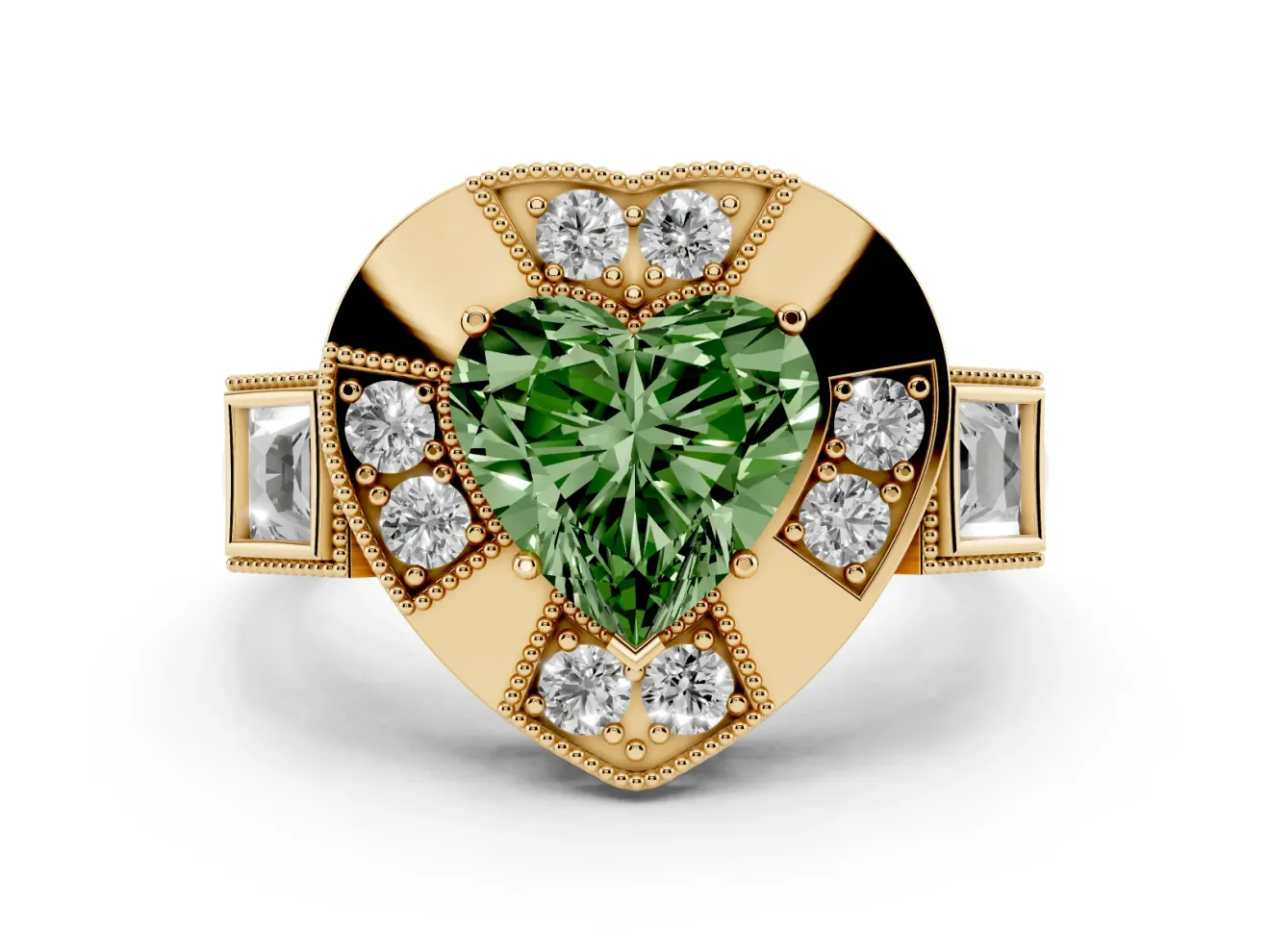 Heart-Shaped Milgrain Sectioned Halo Engagement Ring Setting for a Fancy Green Lab-Grown Diamond | Yellow Gold