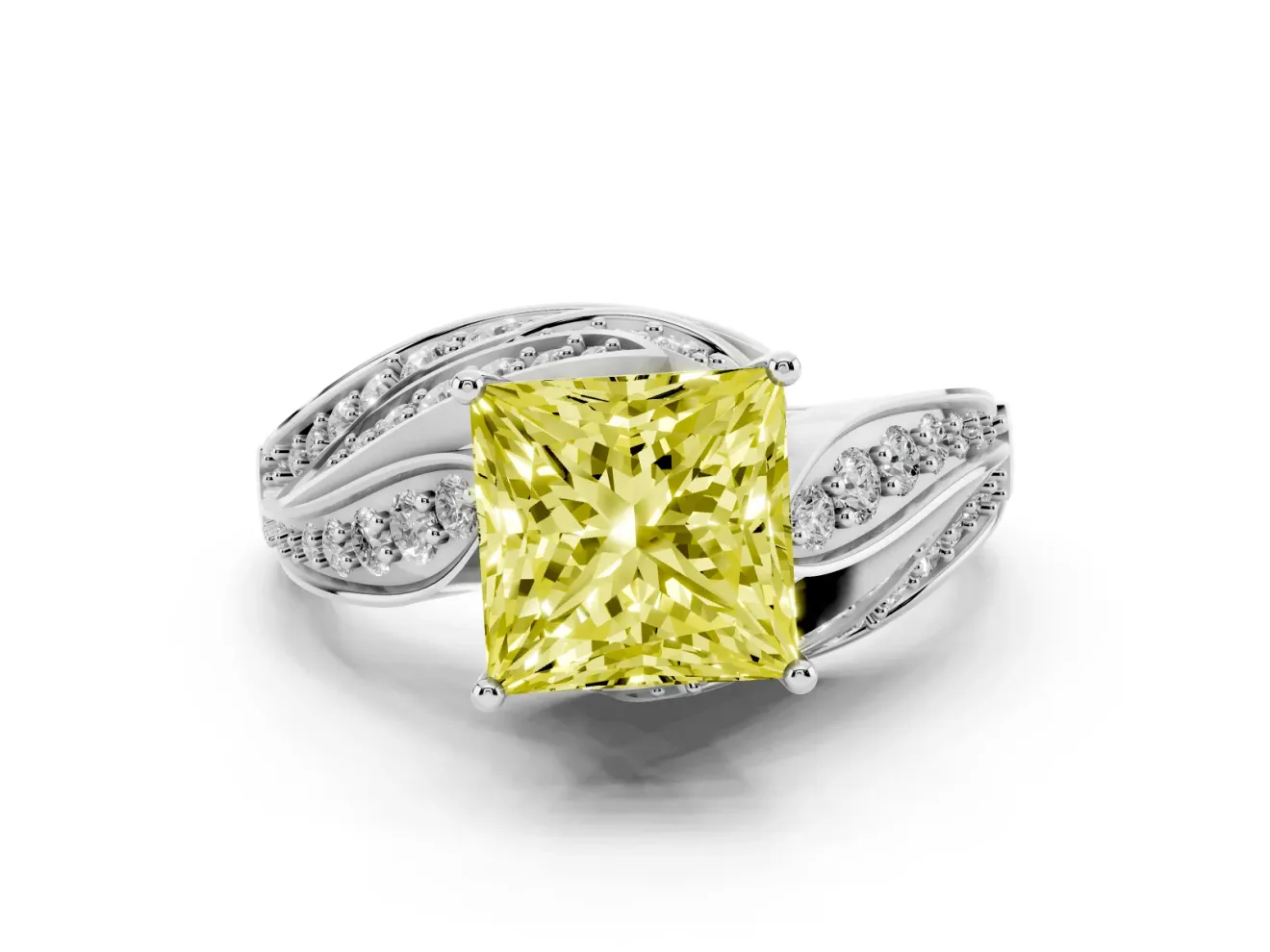 Fancy Yellow Princess Cut Diamond Solitaire Ring Set in Platinum with Layered Twist Pavé Band