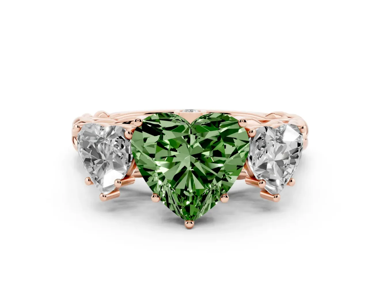 Heart-Shaped Three Stone Engagement Ring Setting for a Fancy Green Lab-Grown Diamond | Braided Band | Rose Gold