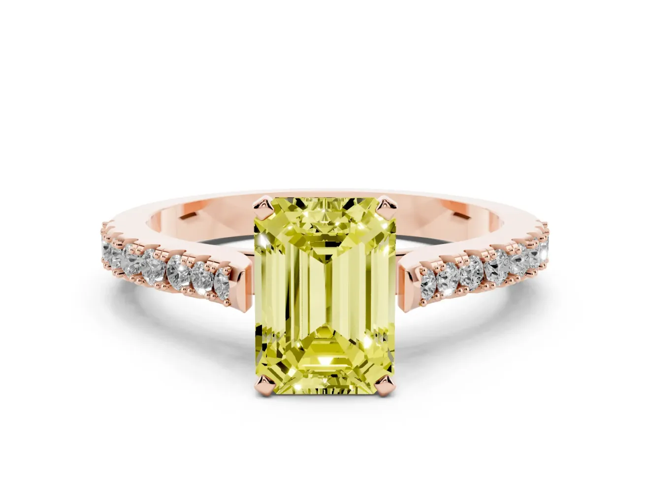 Fancy Yellow Emerald Cut Diamond Solitaire Engagement Ring Set in Rose gold with Delicate Pavé Band and Prong Setting
