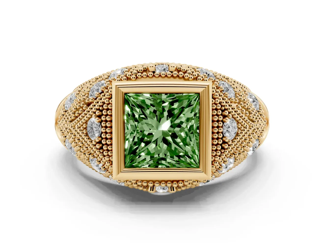 Fancy Green Princess Cut Diamond Bezel Ring Set in Yellow gold with Milgrain Accent Band