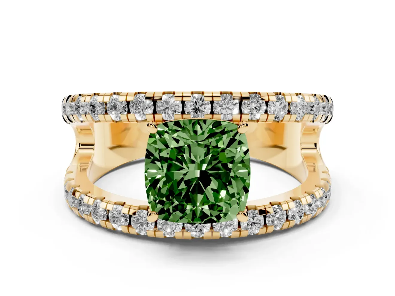 Cushion Cut Pavé Engagement Ring Setting for a Fancy Green Lab-Grown Diamond | Yellow Gold - Design NV-24679