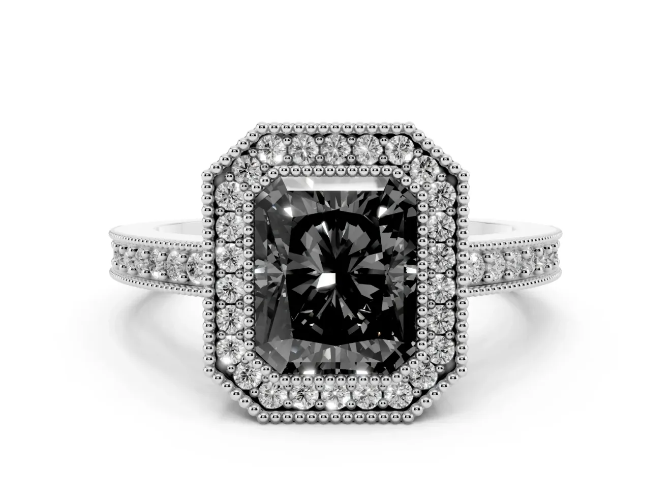 Fancy Black Radiant Cut Diamond Halo Engagement Ring Set in White gold with Pavé Band and Round Halo Stones
