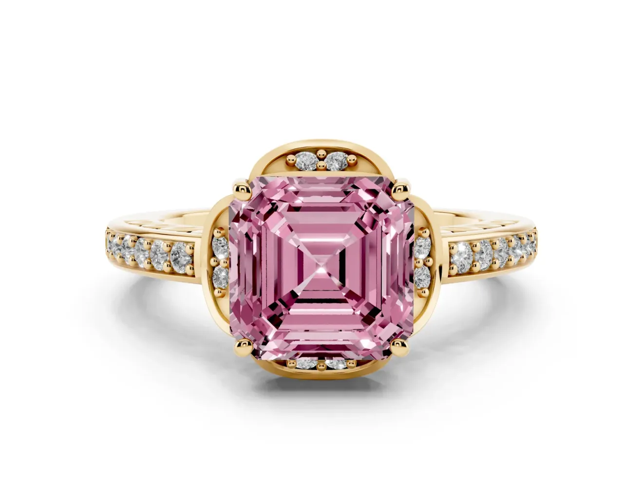 Asscher Cut Floral Pavé Engagement Ring Setting for a Fancy Pink Lab-Grown Diamond | Yellow Gold