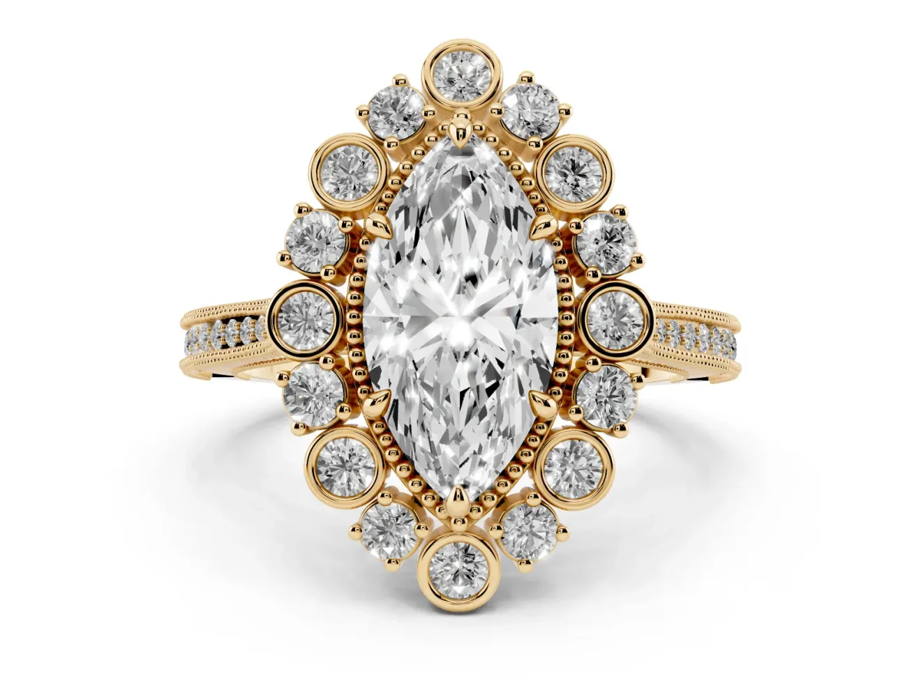 Marquise Cut Diamond Halo Milgrain Pavé Ring Set in Yellow gold with Prong Setting