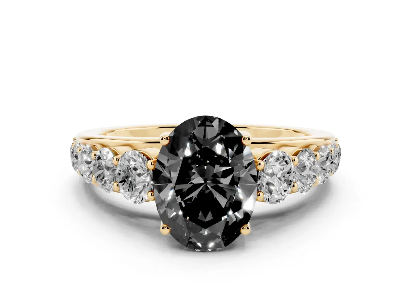 Oval Graduated Side Stone Engagement Ring Setting for a Black Center | Flat Top Band | Yellow Gold